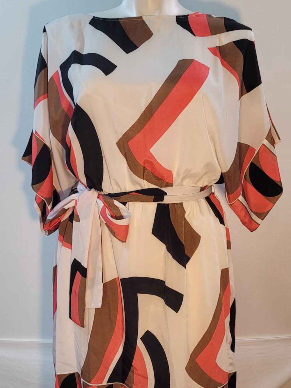 New York & Company Abstract Geometric Print Dress XL Cream Coral Black Brown Tie - Picture 8 of 10